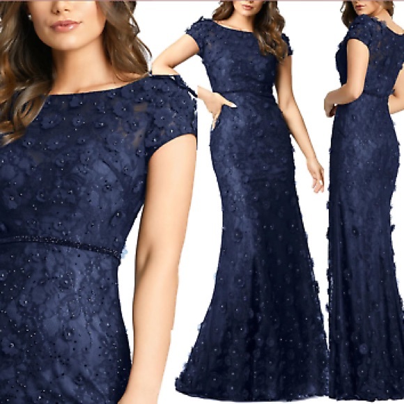 Mac Duggal Size 12 Womens Floral Appliqué Boat Neck Short Sleeve Gown Blue Dress - Picture 1 of 13